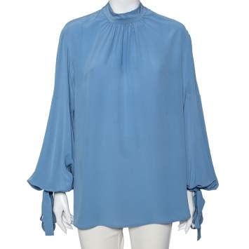 Pre Owned Prada Blue Silk Gathered Cuff Tie Detail Long Sleeve Blouse M