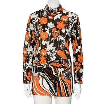 Prada Orange Floral Printed Jersey Long Sleeve Turtleneck Top M 