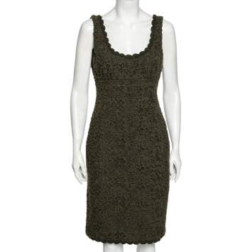 Pre Owned Prada Olive Green Floral Embroidered Wool Sleeveless Dress M