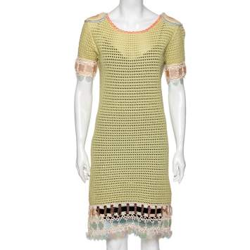Prada Green Crochet Knit Embellished Short Sleeve Dress S