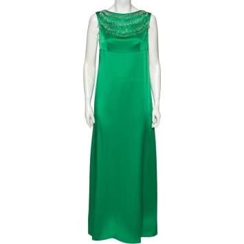 Pre Owned Prada Green Jersey Bead Embellished Neck Sleeveless Gown M