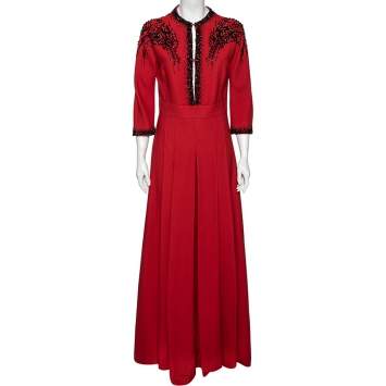 Pre Owned Prada Red Crepe Bead Embellished Long Sleeve pleated Gown M