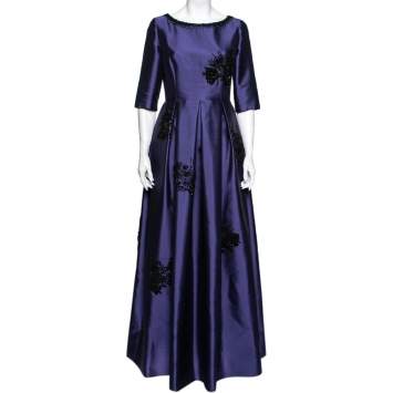 Pre Owned Prada Blue Wool & Silk Bead Embellished Short Sleeve Gown M