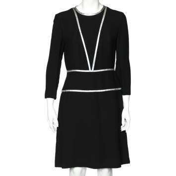 Pre Owned Prada Black Crepe Contrast Trim Detail Midi Dress M