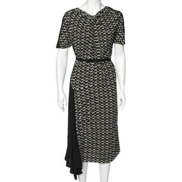 Pre Owned Prada Black Printed Crepe Asymmetric Hem Belted Midi Dress M