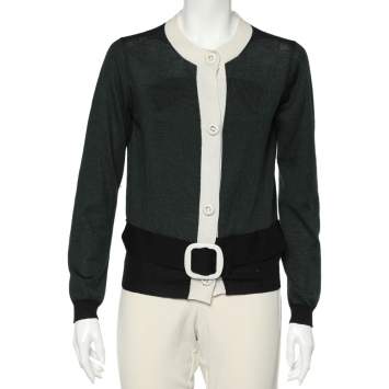Pre Owned Prada Color Block Wool & Silk Knit Button Front Cardigan L