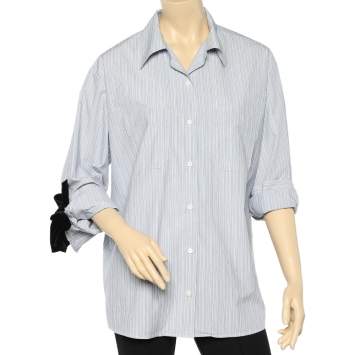 مملوكة مسبقًا Prada Blue Striped Cotton Velvet Bow Detail Shirt M