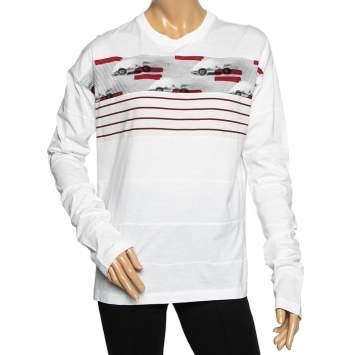 Pre Owned Prada White Cotton Printed Paneled Long Sleeve T-Shirt M 