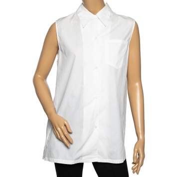 Pre Owned Prada White Cotton Pocket Detail Button Front Sleeveless Shirt M