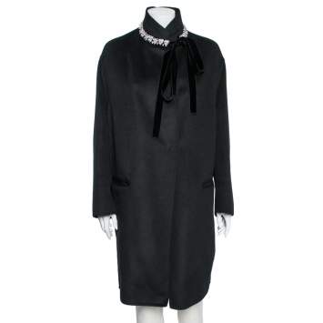 Prada Black Wool Embellished Neck Detail Cape Coat M