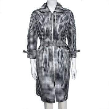 مملوكة مسبقًا Prada Monochrome Checkered Silk Zip Front Belted Coat M