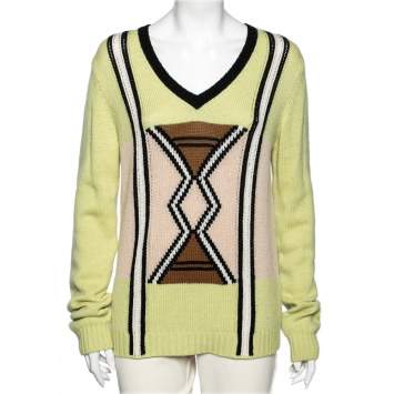 Pre Owned Prada Green Knit Long Sleeve V Neck Sweater M