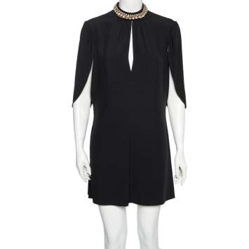 Pre Owned Prada Black Crepe Crystal Embellished Neck Cape Dress M 