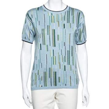 Pre Owned Prada Blue Printed Knit Short Sleeve Crew Neck Top M