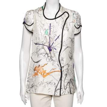 Pre Owned Prada Off White Fairy Printed Silk Button Front Blouse M