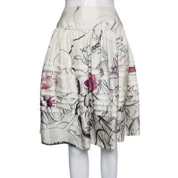 مملوكة مسبقًا Prada Cream Fairy Printed Silk Flared Skirt M