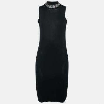 Pre Owned Prada Black Knit Embellished Neck Sleeveless Dress S