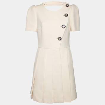 Prada Cream Wool Open Back Detail Button Front Pleated Dress M