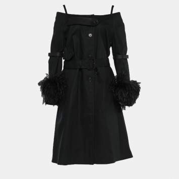 Prada Black Poplin Ostrich Feather Detail Off Shoulder Coat M