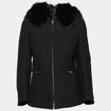Pre Owned Prada Black Stretch Knit & Fur Trimmed Hooded Jacket M