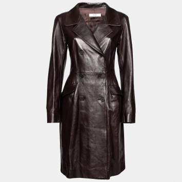 Prada Brown Leather Double Breasted Coat M