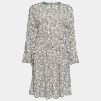 Pre Owned Prada Lilac & Cream Printed Silk Ruffle Trimmed Dress S