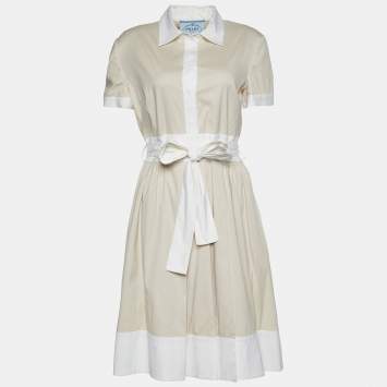 Pre Owned Prada Beige & Cream Stretch Cotton Pleated Shirt Dress L
