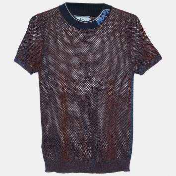 Pre Owned Prada Blue Lurex Perforated Knit Logo Detail Top M