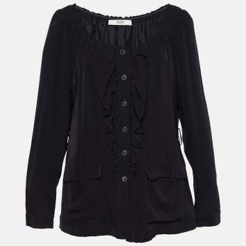 Prada Black Crepe Ruffle Trimmed Button Front Blouse L
