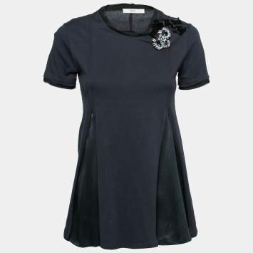Pre Owned Prada Navy Blue Cotton & Silk Inset Applique Embellished T-Shirt S