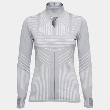 Pre Owned Prada Grey Patterned Knit Long Sleeve Mock Neck Top M