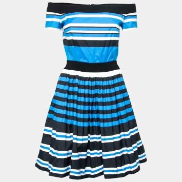 Pre Owned Prada Tricolor Striped Printed Cotton Pleated Dress M