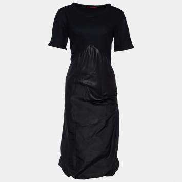 Pre Owned Prada Black Wool & Silk Gathered Hem Midi Dress L