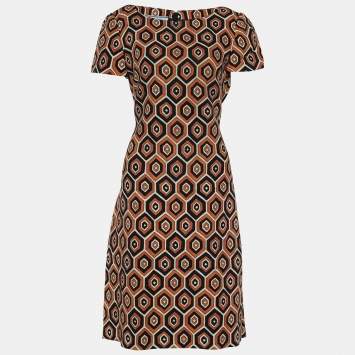 Pre Owned Prada Rustic Orange Geometric Print Wool Sheath Dress L