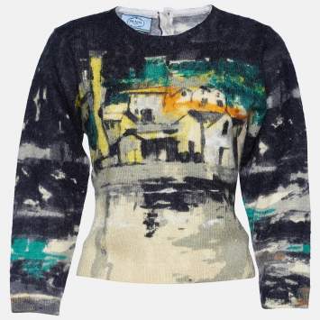 Pre Owned Prada Yellow Village Print Mohair Wool Knit Sweater S