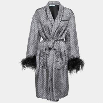 Pre Owned Prada Grey & Blue Paisley Print Silk Feather Cuff Robe Jacket L