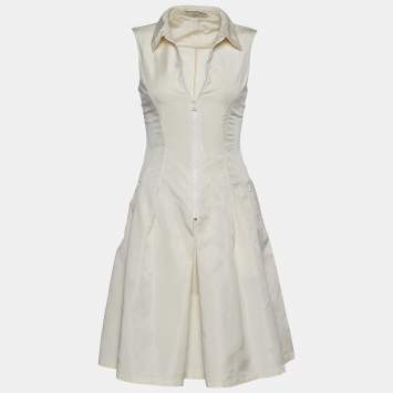 Pre Owned Prada Cream Synthetic Zip Front Sleeveless Mini Dress S