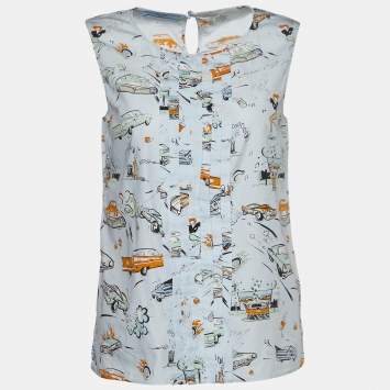 Pre Owned Prada Blue Cadillac Print Cotton Sleeveless Top S