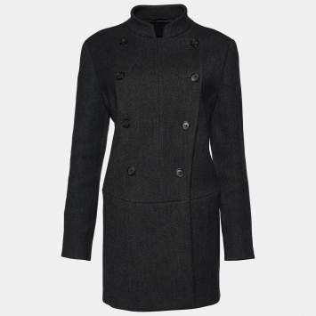 Pre Owned Prada Vintage Dark Grey Striped Wool Double Breasted Peacoat L