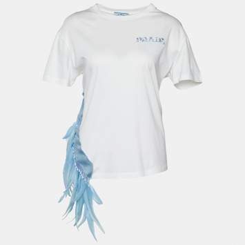 Pre Owned Prada White Cotton Knit Feather Trim T-Shirt M