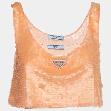 Pre Owned Prada Apricot Sequined Chiffon Sleeveless Crop Top S