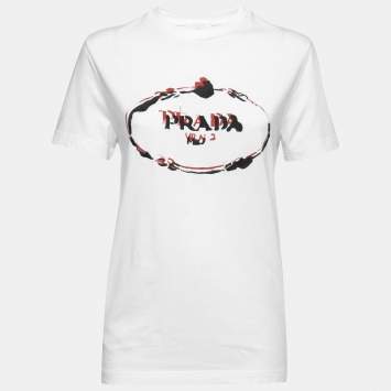Pre Owned Prada White Cotton Logo Embroidered Crewneck T-Shirt S