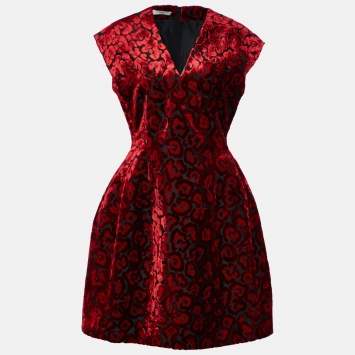 Pre Owned Prada Red & Black Floral Velvet Devore Cocktail Dress L