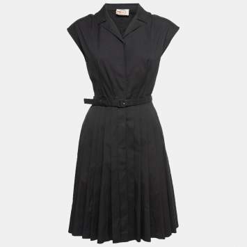 Pre Owned Prada Black Cotton Belted Pleated Midi Dress S