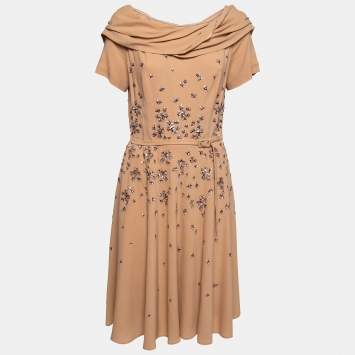 Pre Owned Prada Beige Embroidered Crepe Belted Midi Dress L