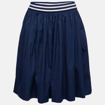Pre Owned Prada Blue Cotton Elastic Ribbed Trim Flared Skirt M
