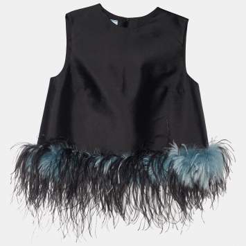 Pre Owned Prada Black Wool & Silk Ostrich Feather Trim Sleeveless Top S