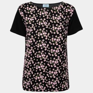 Pre Owned Prada Black Cotton Floral Appliqued Short Sleeve T-Shirt  L