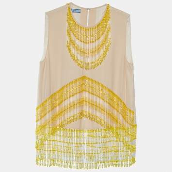 Pre Owned Prada Pale Pink Crepe Bead Tasseled Sleeveless Blouse S