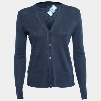 Pre Owned Prada Navy Blue Cashmere & Silk Knit Button Front Cardigan S